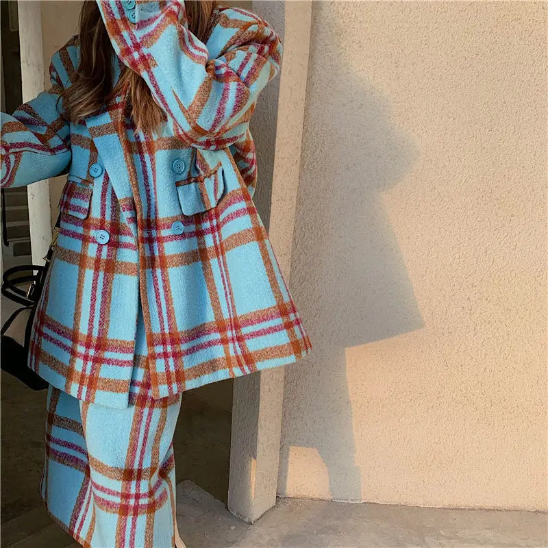 Women’s Plaid Wool 2-Piece Suit | Korean Long Coat & Shirt Set | same ANTHEM.