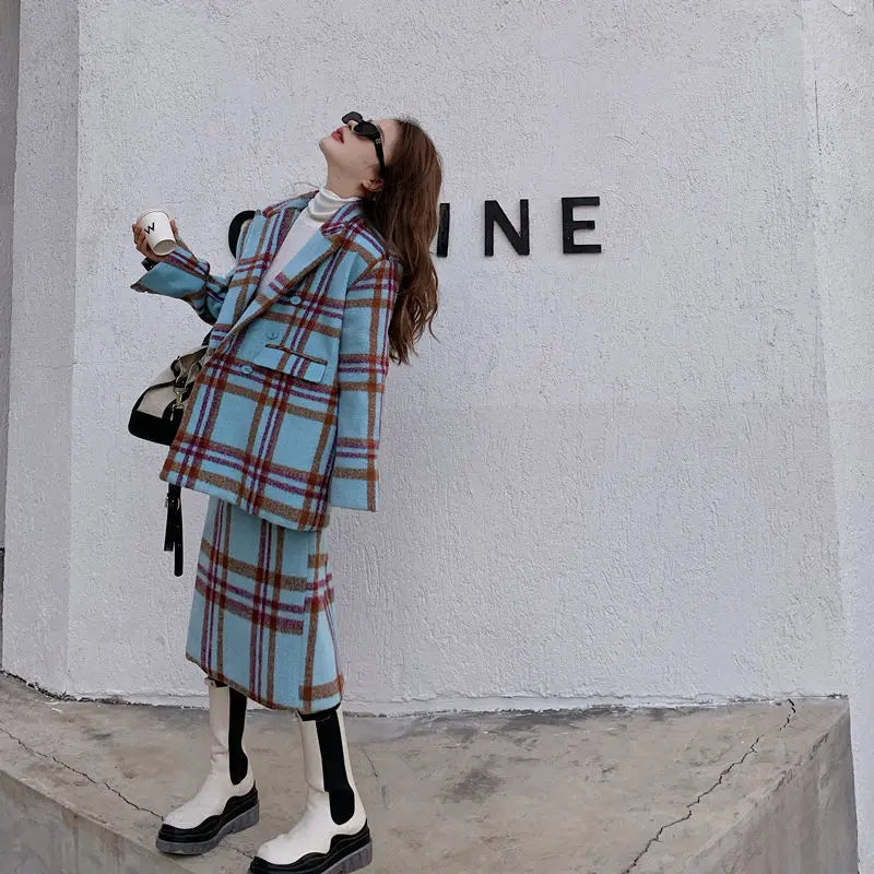Women’s Plaid Wool 2-Piece Suit | Korean Long Coat & Shirt Set | same ANTHEM.