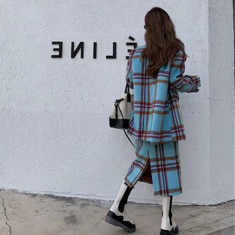 Women’s Plaid Wool 2-Piece Suit | Korean Long Coat & Shirt Set | same ANTHEM.