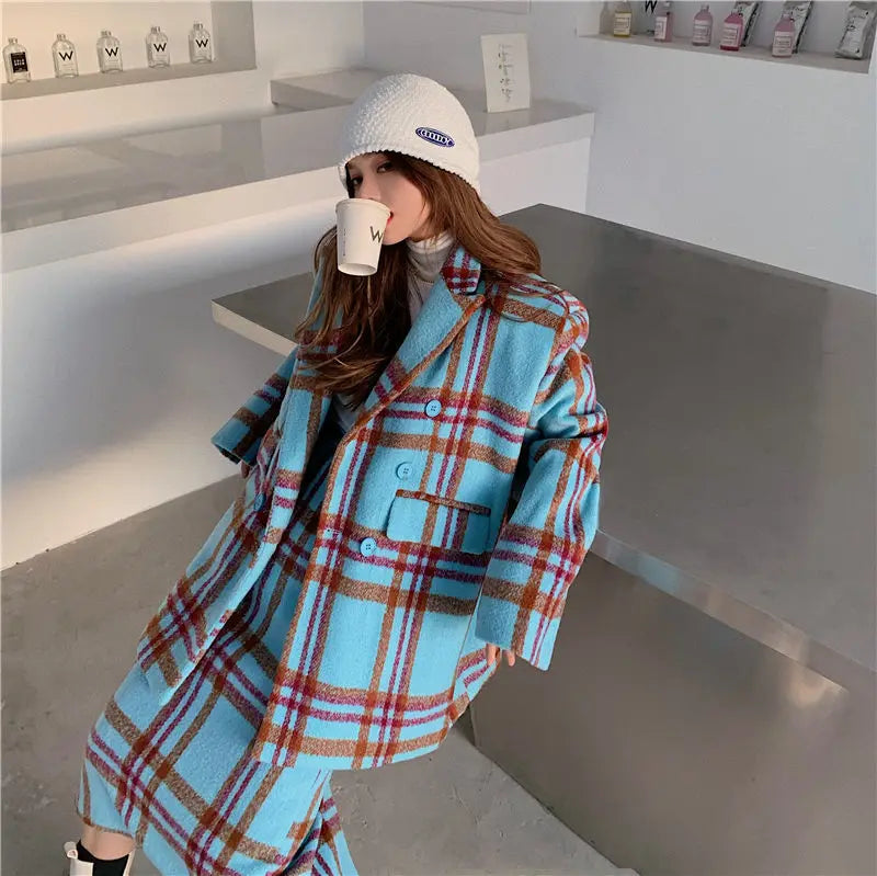 Women’s Plaid Wool 2-Piece Suit | Korean Long Coat & Shirt Set | same ANTHEM.