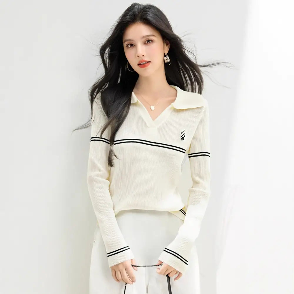 Women’s Polo Neck Striped Knit Sweater | same ANTHEM.