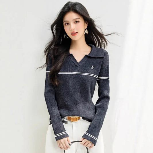 Women’s Polo Neck Striped Knit Sweater | same ANTHEM. - Gray / S