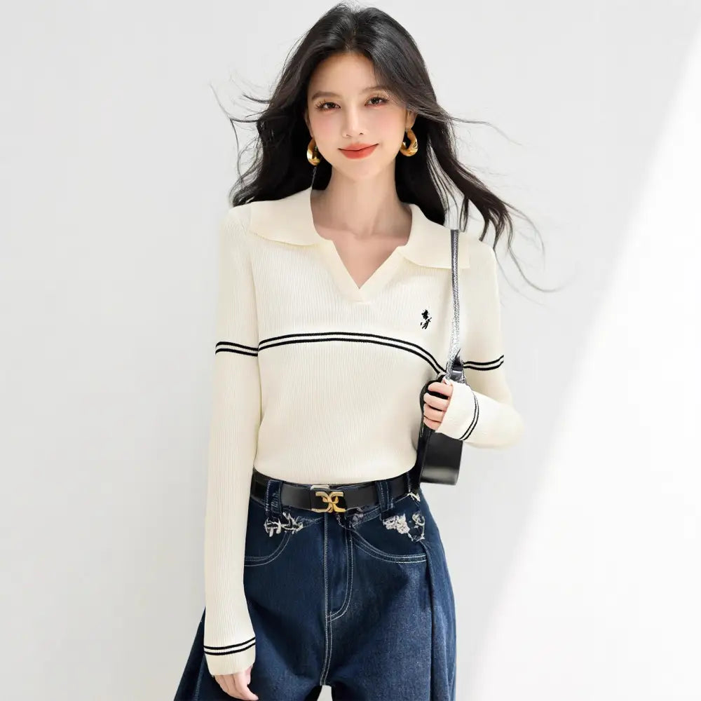 Women’s Polo Neck Striped Knit Sweater | same ANTHEM. - Off-white / S
