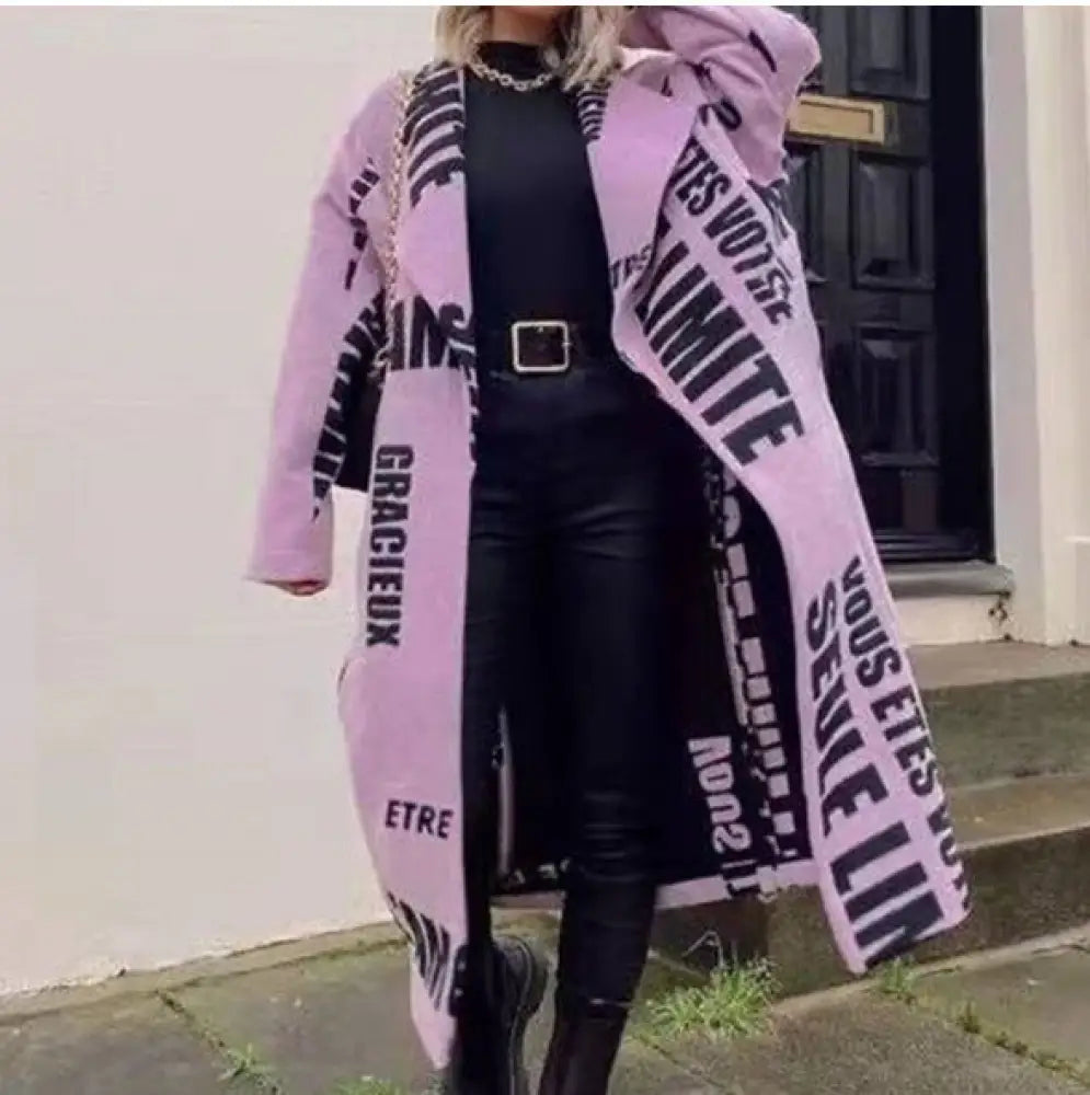 Women’s Printed Dragon And Phoenix Woolen Coat - Purple Letters / 4XL - Bag