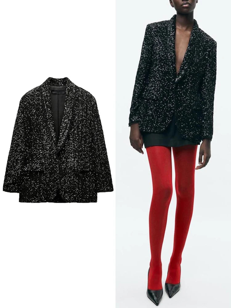 Women’s Sequins Blazer Jacket | Slim V-Collar Black Office Jacket | same ANTHEM.