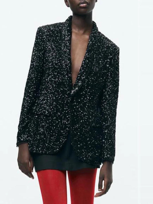 Women’s Sequins Blazer Jacket | Slim V-Collar Black Office Jacket | same ANTHEM.