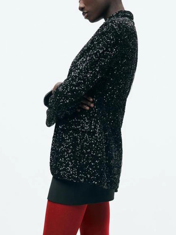 Women’s Sequins Blazer Jacket | Slim V-Collar Black Office Jacket | same ANTHEM.