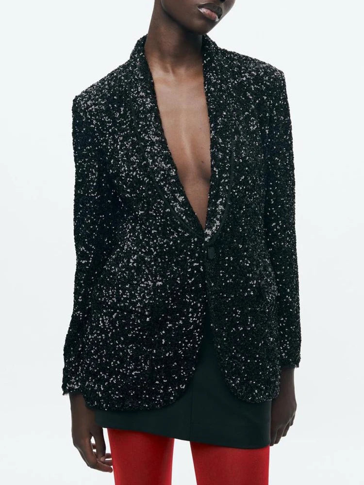 Women’s Sequins Blazer Jacket | Slim V-Collar Black Office Jacket | same ANTHEM.