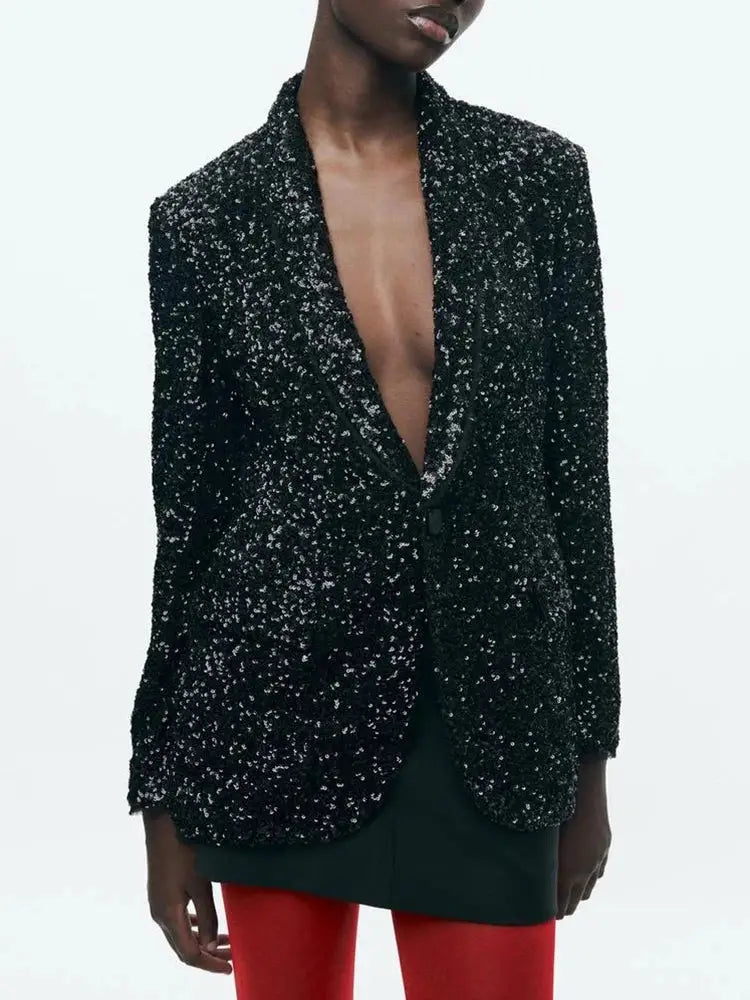 Women’s Sequins Blazer Jacket | Slim V-Collar Black Office Jacket | same ANTHEM.