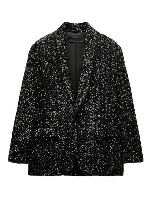 Women’s Sequins Blazer Jacket | Slim V-Collar Black Office Jacket | same ANTHEM. - Black-TRAF92 / S
