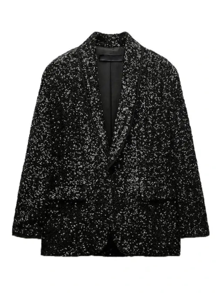 Women’s Sequins Blazer Jacket | Slim V-Collar Black Office Jacket | same ANTHEM. - Black-TRAF92 / S