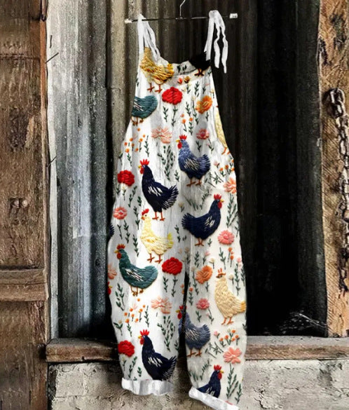 Women’s Suspended Pants Sweet Printed Vintage Suspender Pants - RJDDK218 / 2XL