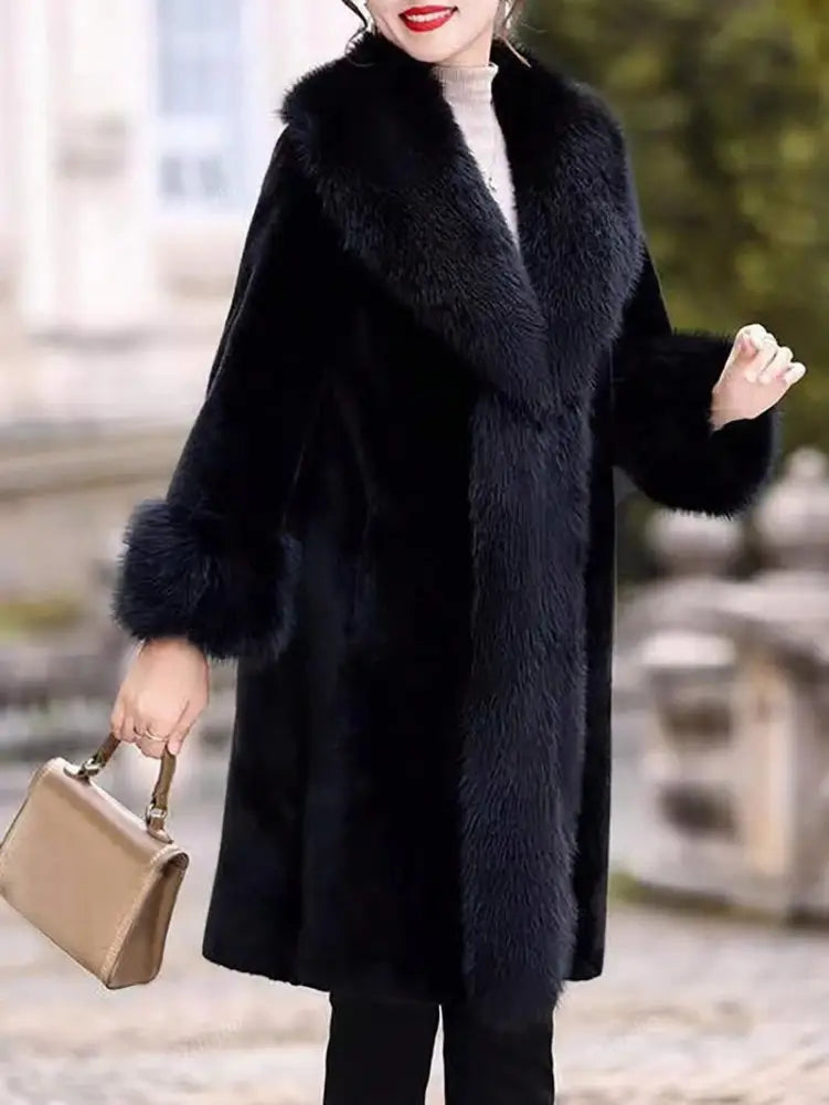 Women’s Thick Faux Rabbit Fur Mid-Length Leather Coat | same ANTHEM. - Black / L - Jacket