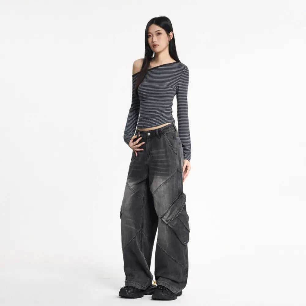 Women’s Water-Washed Flare Cargo Denim Pants – Baggy Streetwear Trousers | same ANTHEM Fashion - Black and Gray / XS