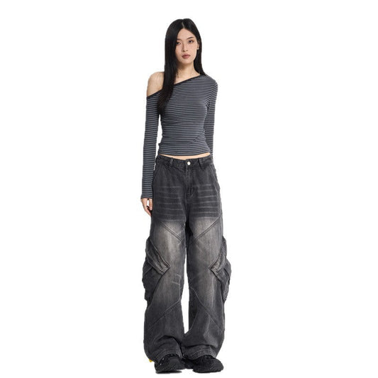 Women’s Water-Washed Flare Cargo Denim Pants – Baggy Streetwear Trousers | same ANTHEM Fashion